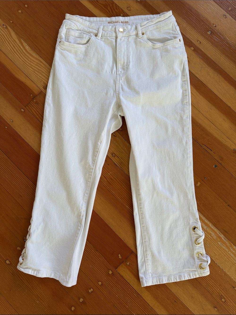 Michael Kors Selma Lace Up White Denim Cropped‎ Flare Jeans 12